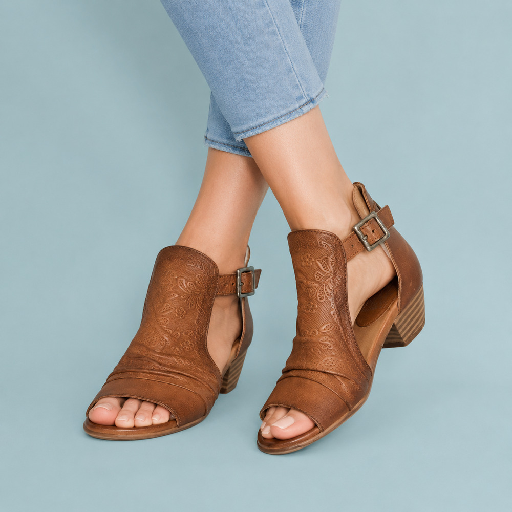 Miz Mooz 38 Size 7.5-8 Corra Brown Flora Embossed Leather Open Toe Sanals Bootie